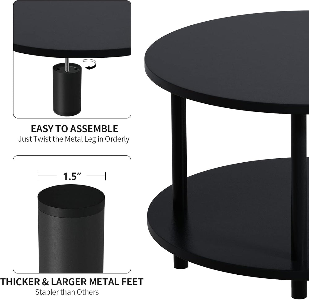 Small Round Coffee Table with Open Storage for Small Space, 23.5" Black ...