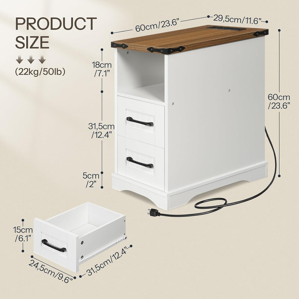 HOOBRO Narrow End Table with Drawers, Farmhouse Nightstand with Charging Stat...