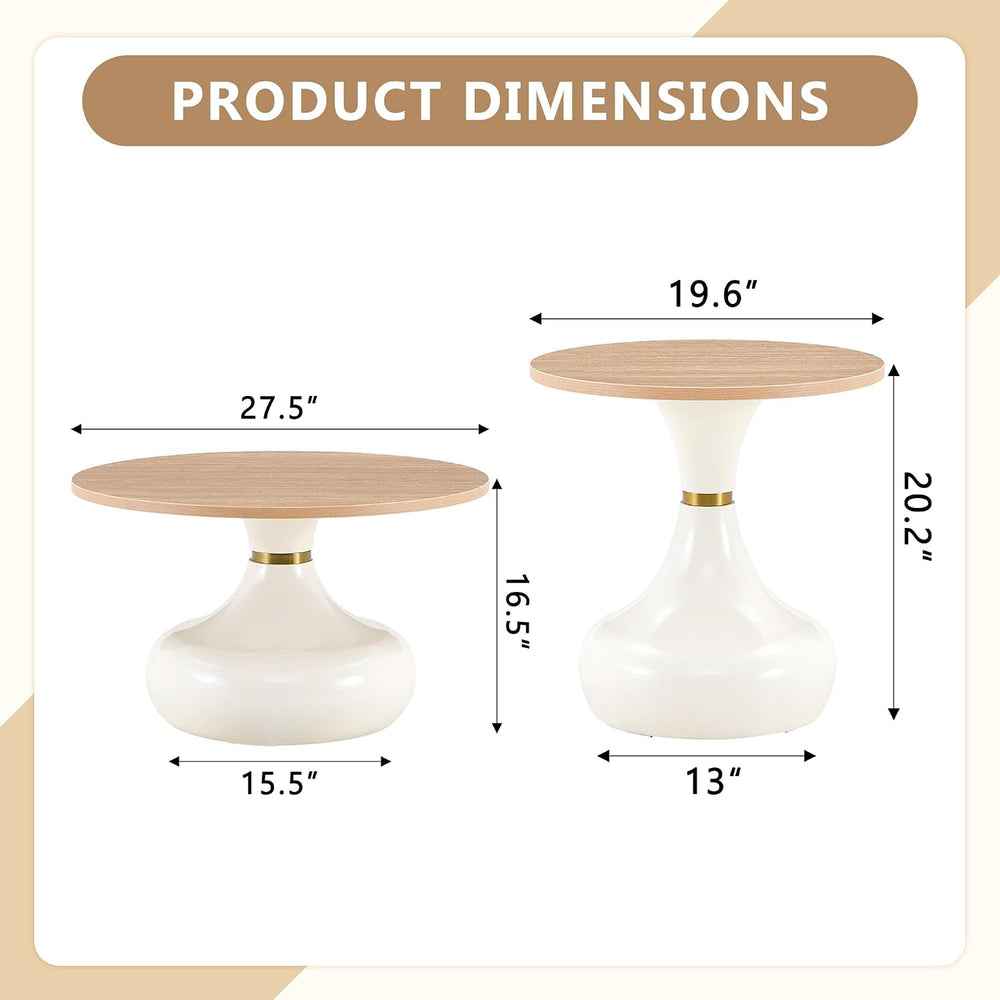 2-Piece Nesting Coffee Table Set, Light Wood Grain, Gold Metal Base | Nesting...