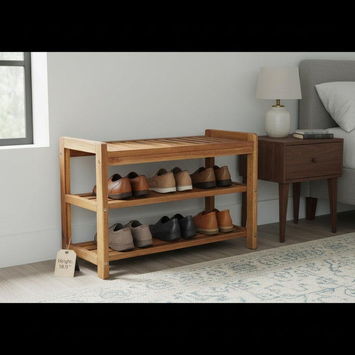 27-Inch Wooden Shoe Bench for Entryway, 3-Tier Storage Organizer, Rustic Shoe Rack Bench for Narrow Spaces