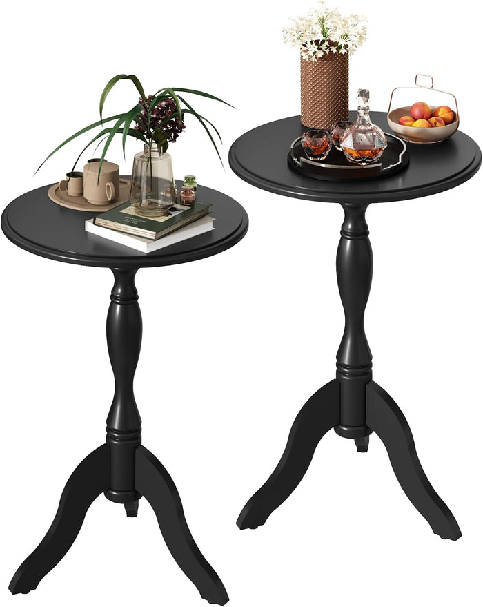 HLR Round Small End Table Set of 2, Wooden Pedestal Side Tables, Black