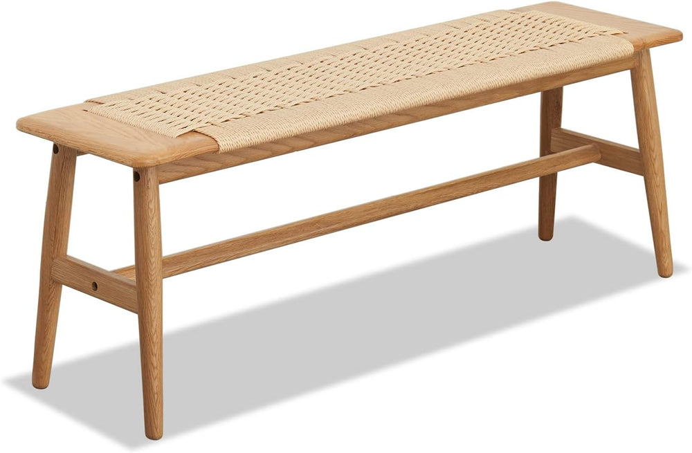 KEIKI Woven Dining Bench, 100% Solid Wood Bench for Dining Room, Bedroom, Liv...
