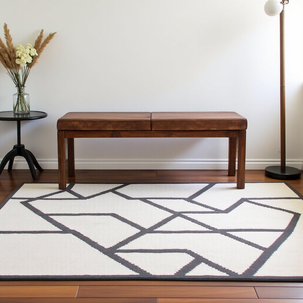 Furnifact Beige Leather Bench with Lines, Perfect for Entryway, Bedroom, or D...