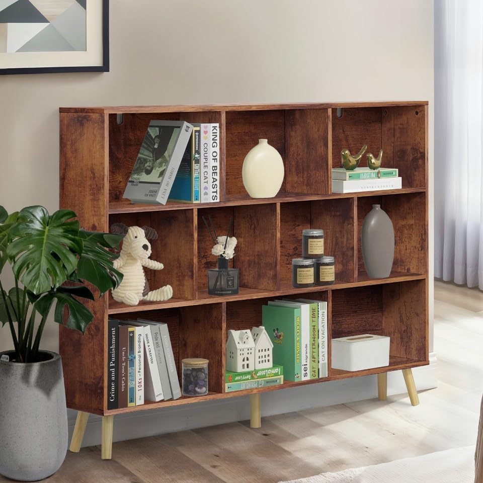 CAPHAUS 10 Cube 3 Tier Mid Century Bookshelf, 55” Wide Wooden Cube Storage Or...