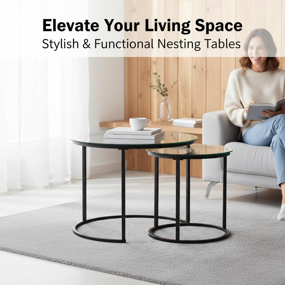 Round Nesting Coffee Table Set of 2, Glass Stacking Minimalist End Table