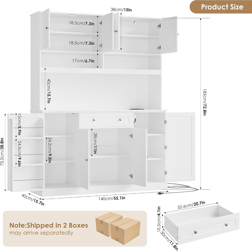 HIFIT 72.8”Hx55”W Pantry Cabinet with LED & Charging Station, Kitchen Hut...