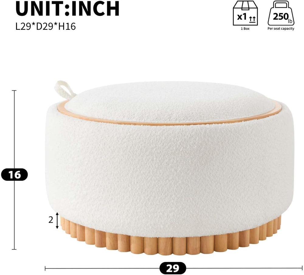 29" Boucle Upholstered Round Storage Ottoman with Solid Wood Legs, Moder...