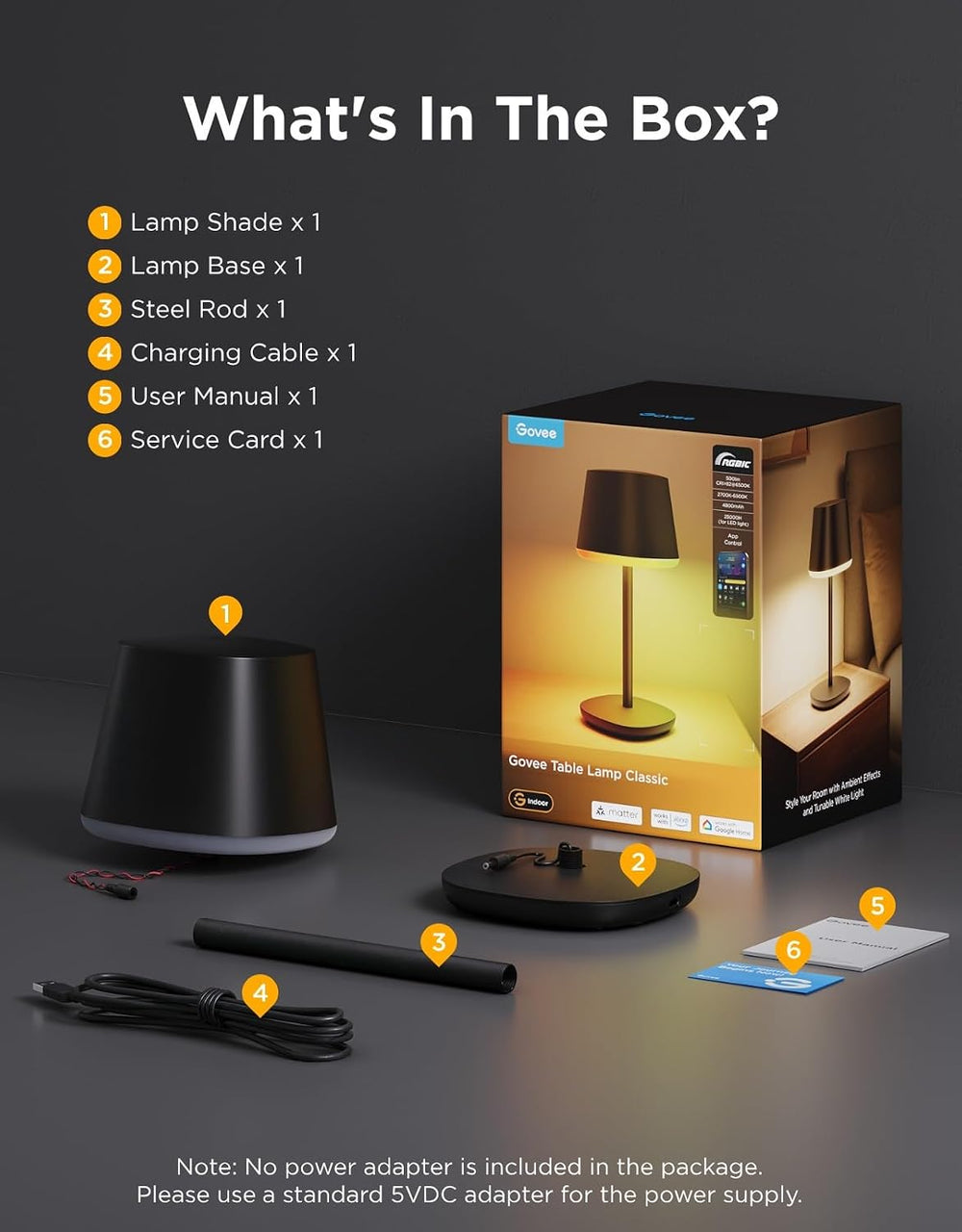 Govee Smart Cordless Table Lamp Classic (No Adapter), RGBIC Desk Lamp