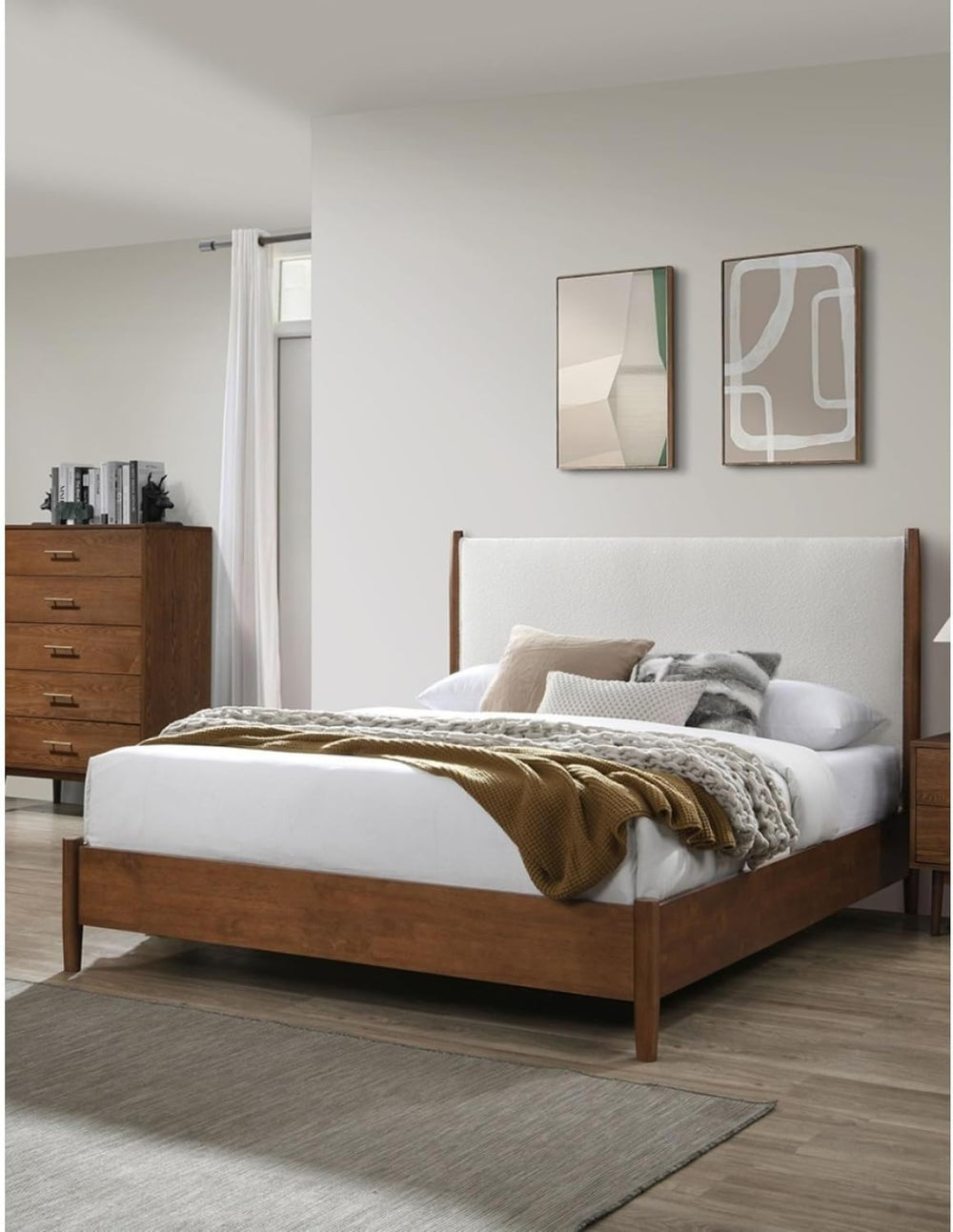 Walnut Color Panel Headboard Beige Upholstered Queen Size Bed