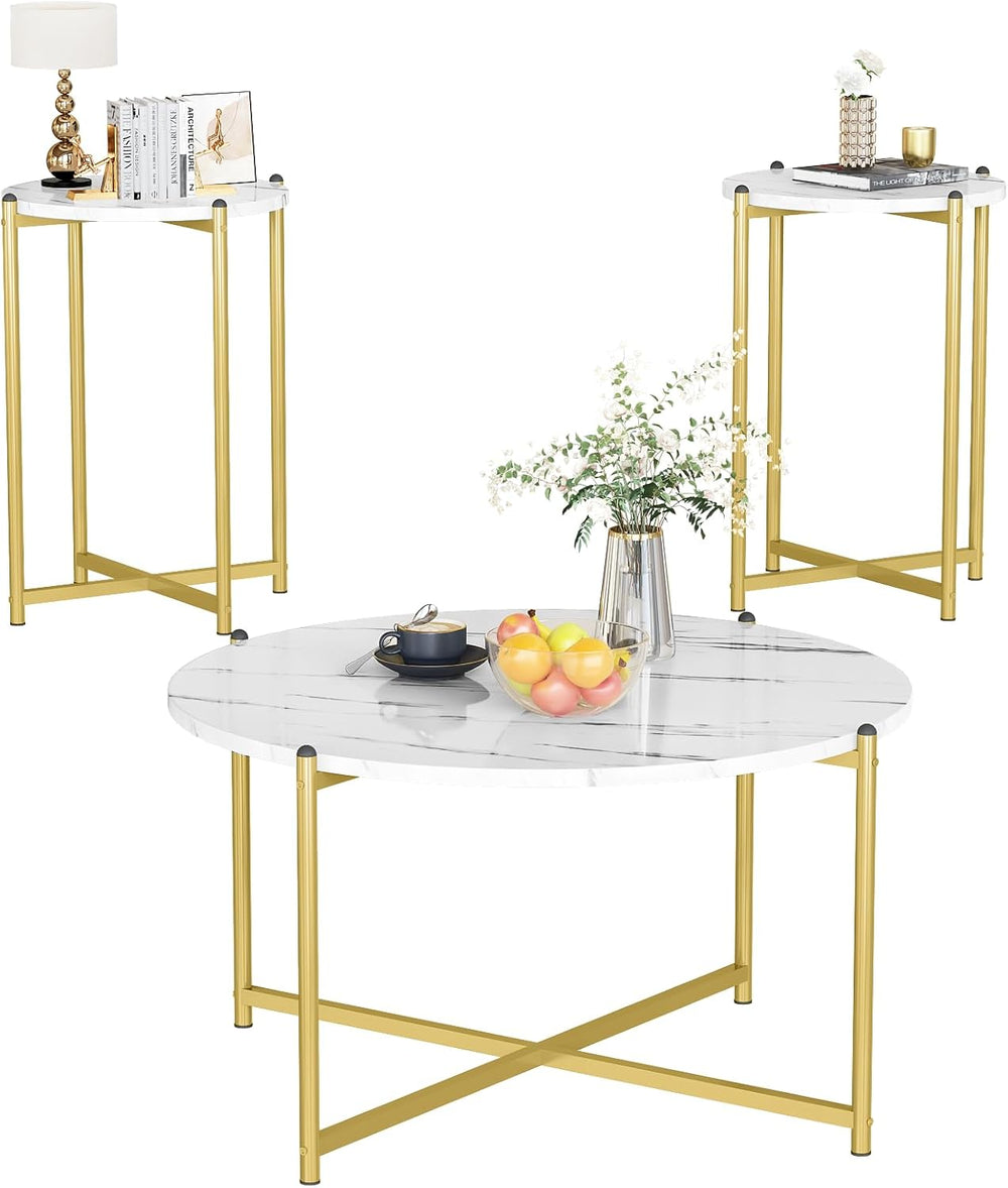 AWQM Faux Marble Coffee Table Set of 3, 1 Coffee Table & 2 Sofa Table, Ro...