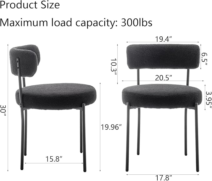 Black Boucle Dining Chairs Set of 4, Upholstered Dining Chairs with Black Met...