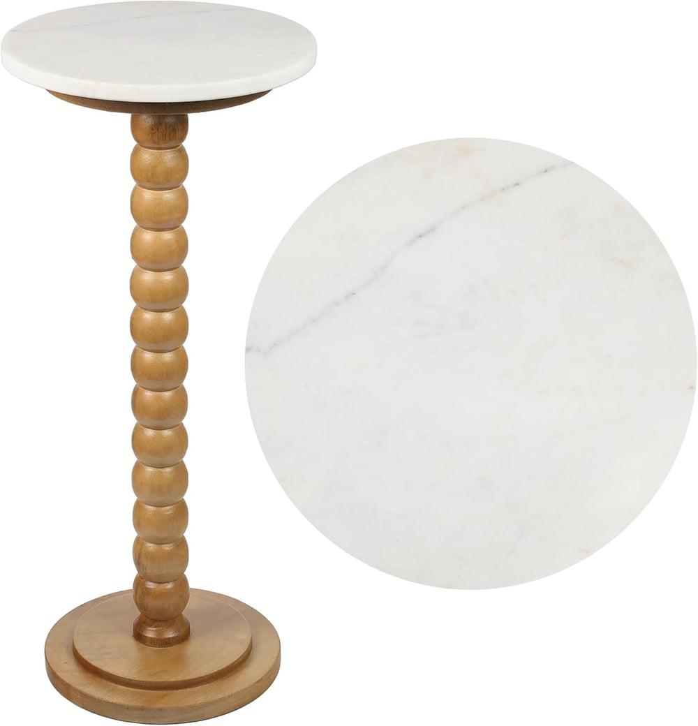 JONATHAN Y Monroe Wood and Marble Round Drink Table with Bobbin Spool Pedesta...