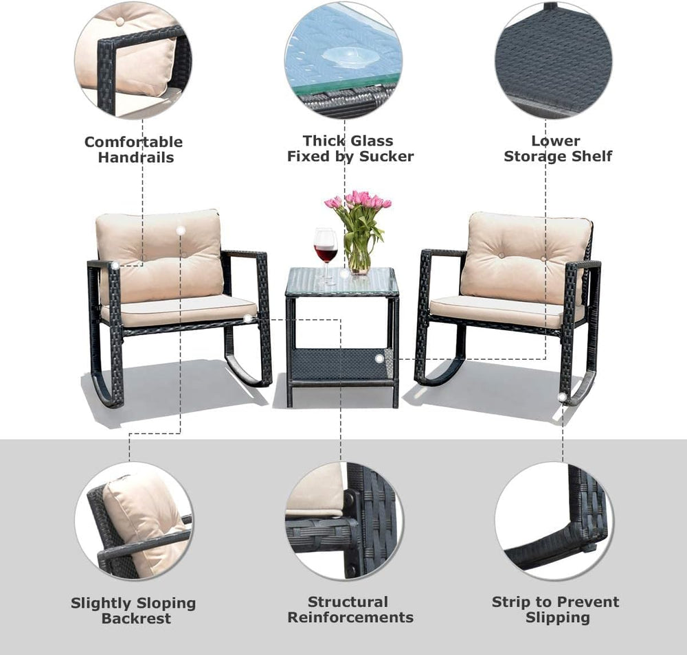 HAPPYGRILL 3-Piece Rocking Bistro Set Outdoor Patio Rocking Chairs with Coffe...