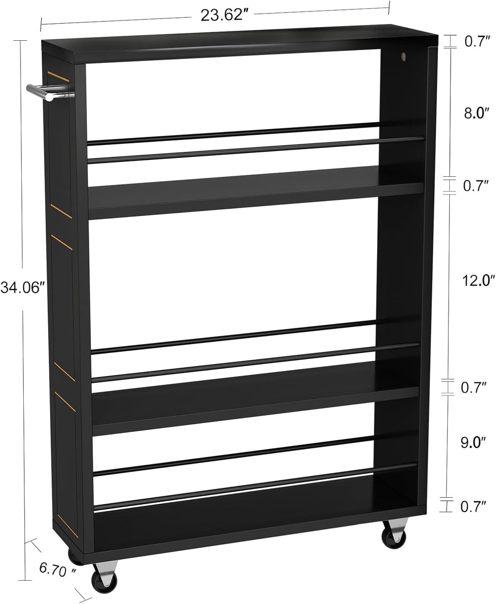 KLM 4 Tier Black Slim Storage Cart with Handle, Slide Out Storage Rolling Uti...