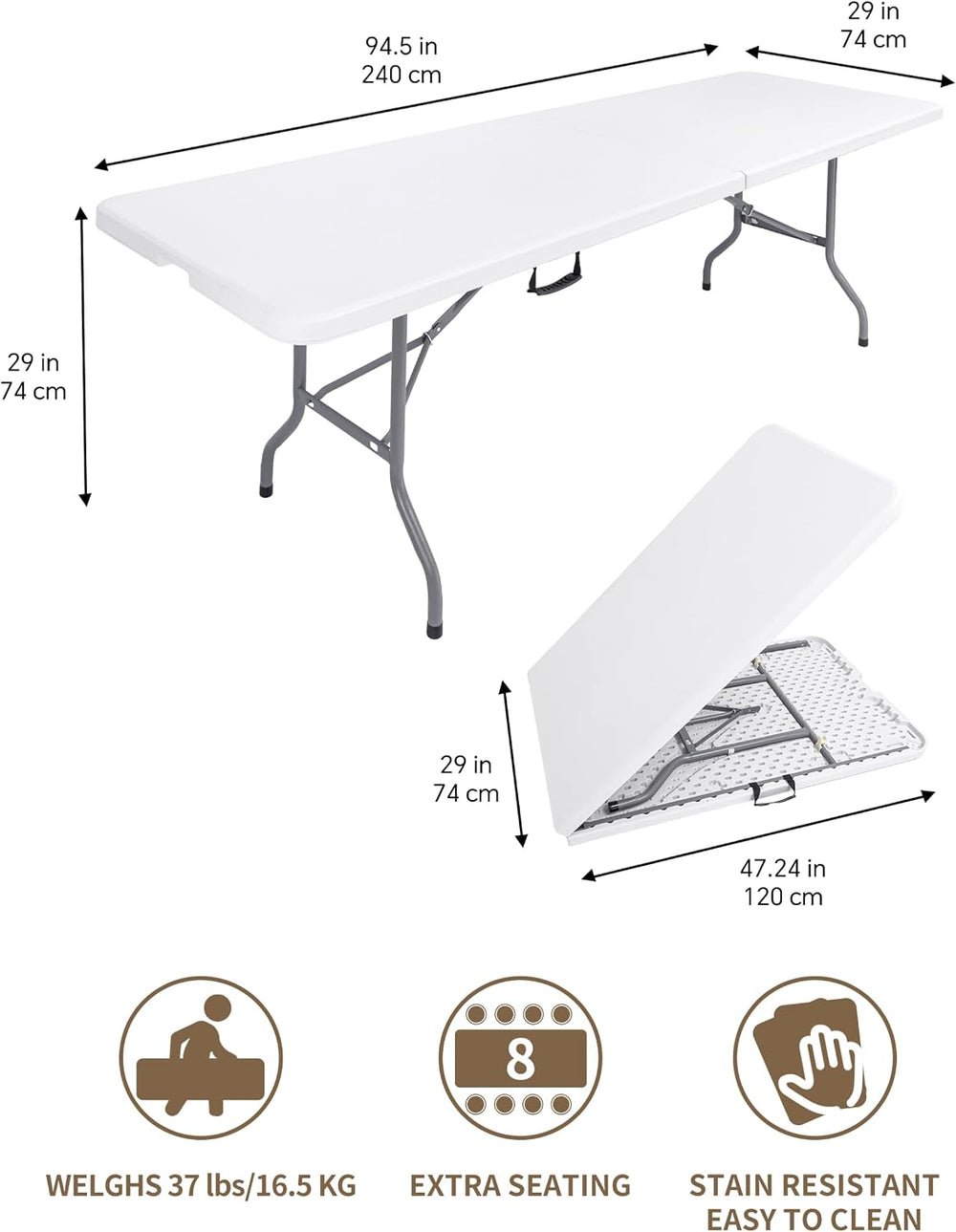 8ft Folding Table, Heavy Duty White Large Portable Foldable Table | Plastic 8...