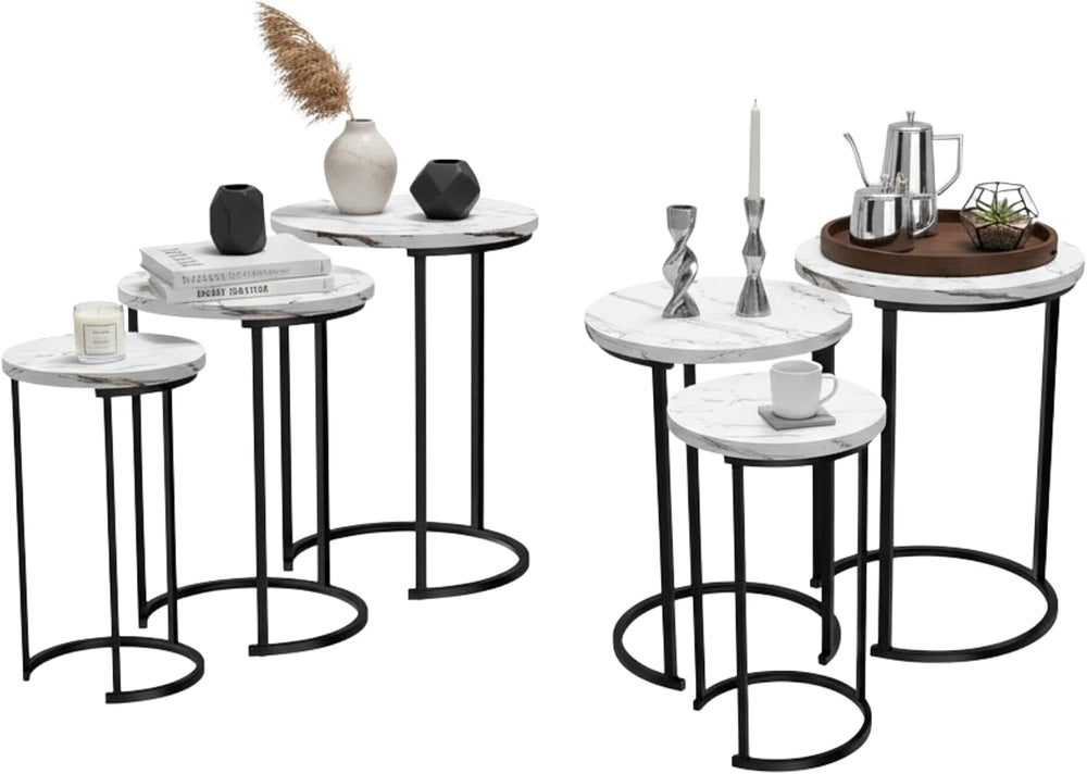 Lavish Home Round Nesting Tables Set of 6, Faux Marble Tabletop, White | 25”H...