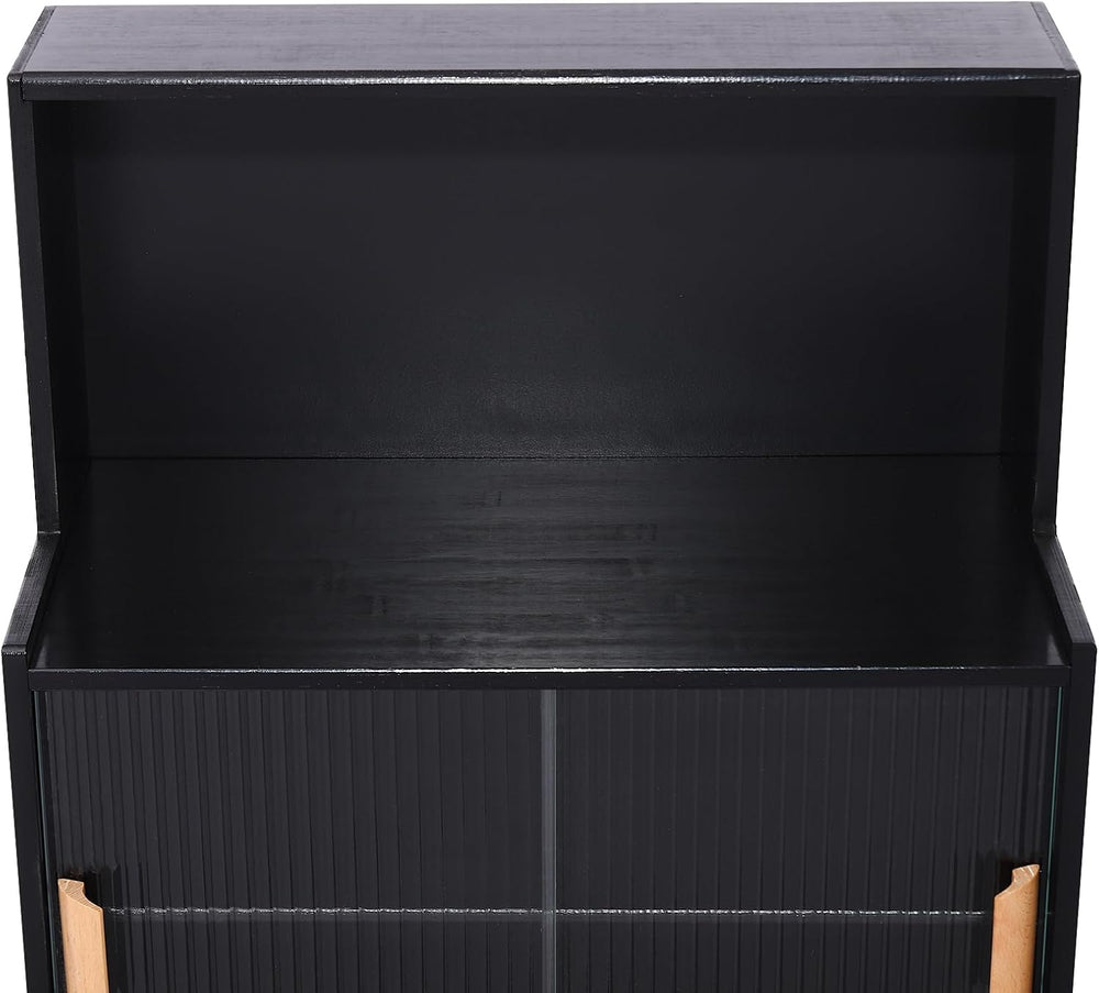 Countertop Kitchen Pantry - 3 Tier Bamboo Sideboard with Sliding Glass Doors,...