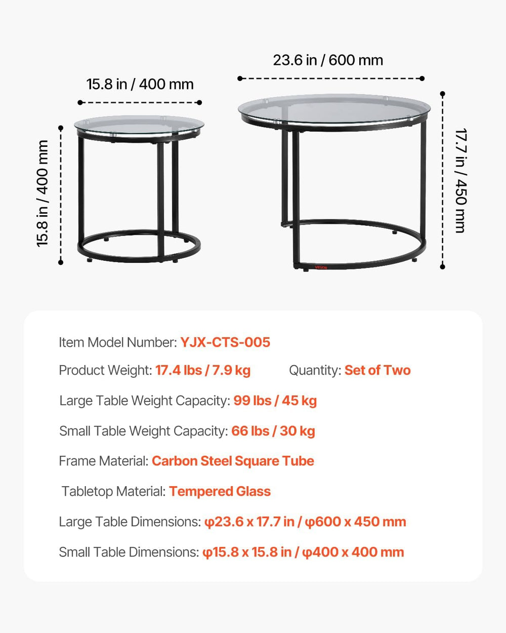 VEVOR Nesting Coffee Table Set of 2, 23.6 in Round Coffee Table, Glass Nestin...
