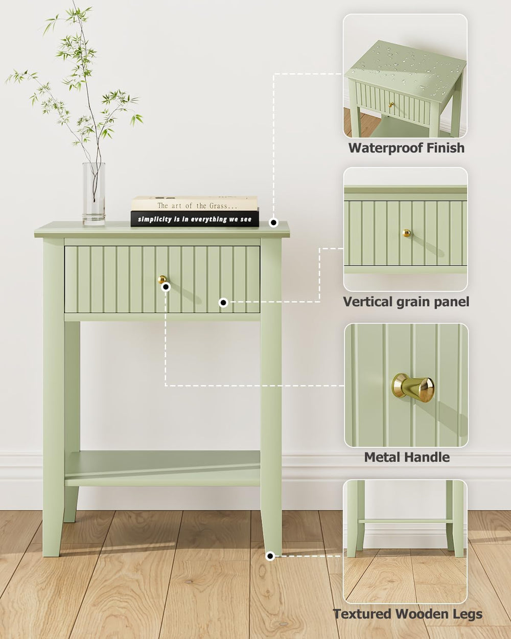 Fluted Nightstand, Farmhouse Night Stand with 2 Drawers, Mid Century Modern S...