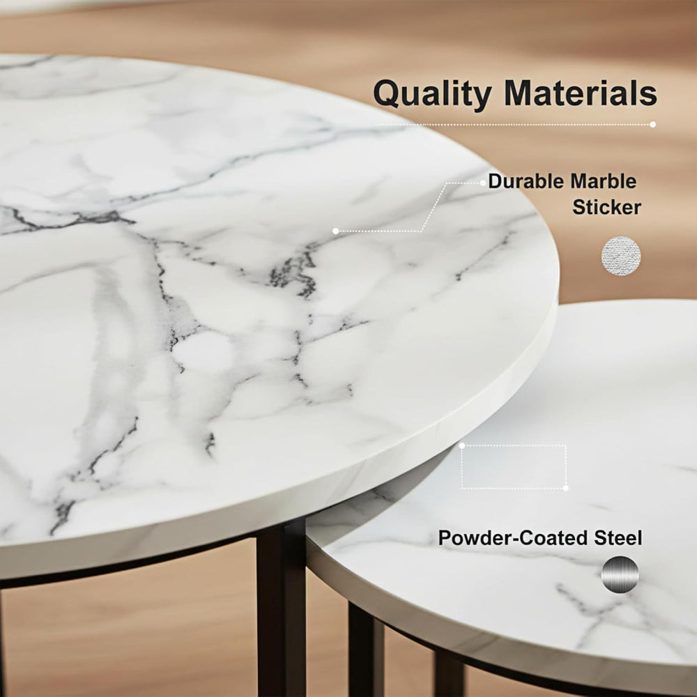 Round Nesting Coffee Table Set of 2, Modern Marble Pattern Wooden Nesting Tab...