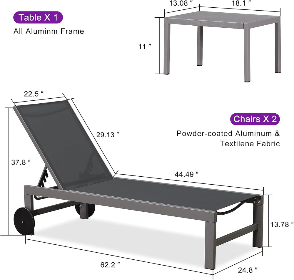 PURPLE LEAF Patio Lounge Chair Set for 2, Quick-Dry Fabric, Grey | Rust-resis...