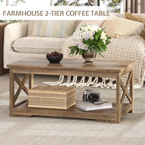 LUXOAK 3 Piece Living Room Table Set with Barn Door, Barnwood | Includes Coff...