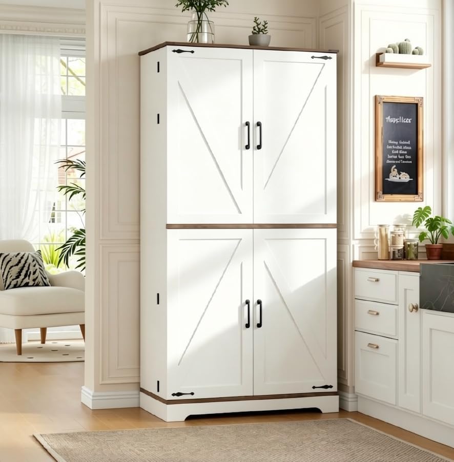 CypherX 75” Farmhouse Storage Cabinet, Large Kitchen Pantry Storage Cabinet w...