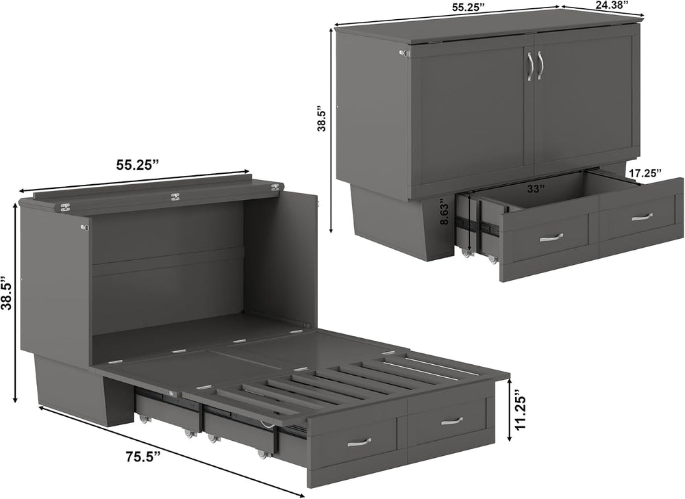 AFI, Monroe Full Murphy Bed Chest with 6" Mattress & Drawer, Grey