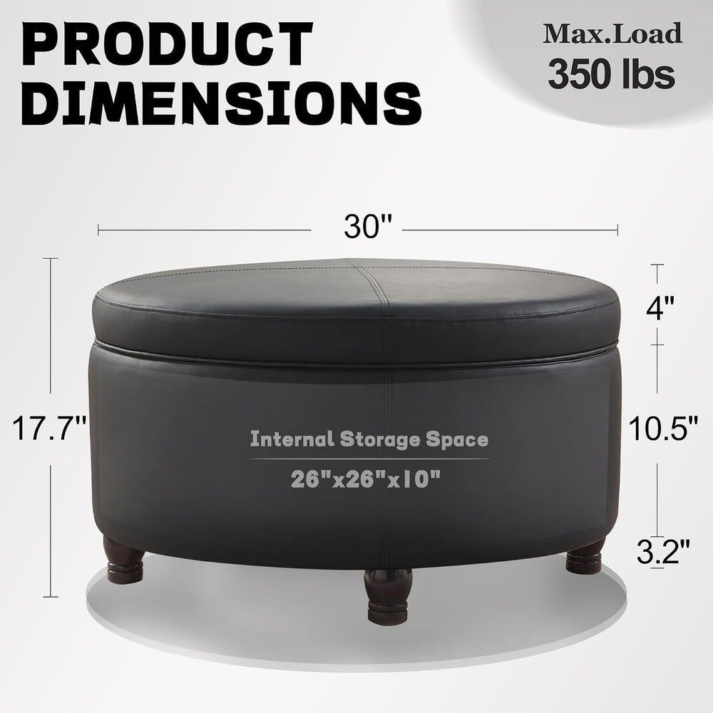30-Inch Round Ottoman, Leather Ottoman with Storage (Black)