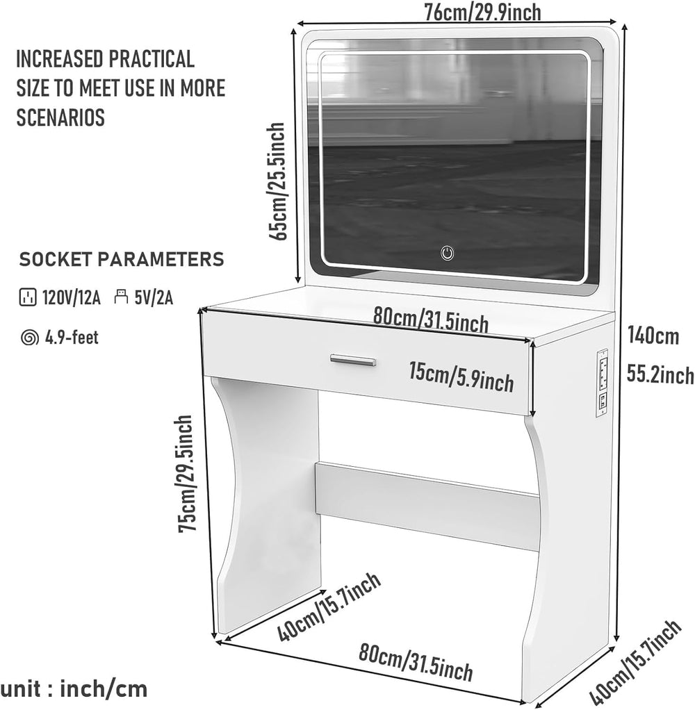 Vanity Desk, Makeup Vanity with LED Light Mirror, Small White Vanity with a S...