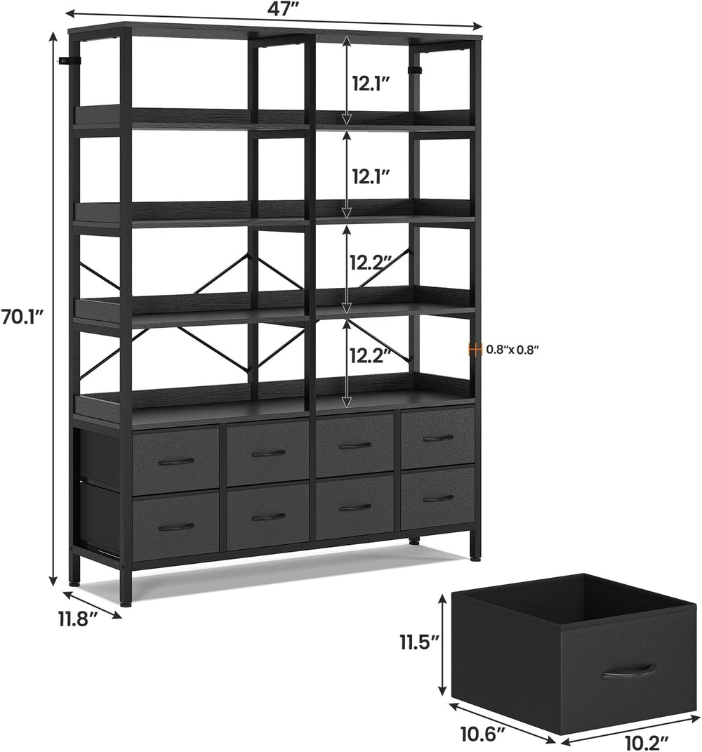 HAUOMS Bookshelf with 8 Fabric Drawers,Baffles Shelves, 7-Tier, Black