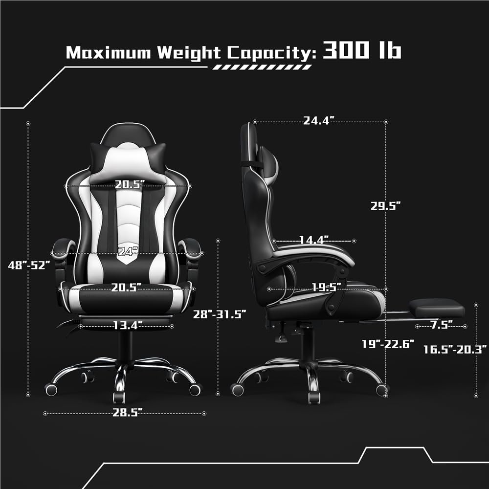 Yaheetech Gaming Chair with Footrest Massage Lumbar Pillow Black and White | ...