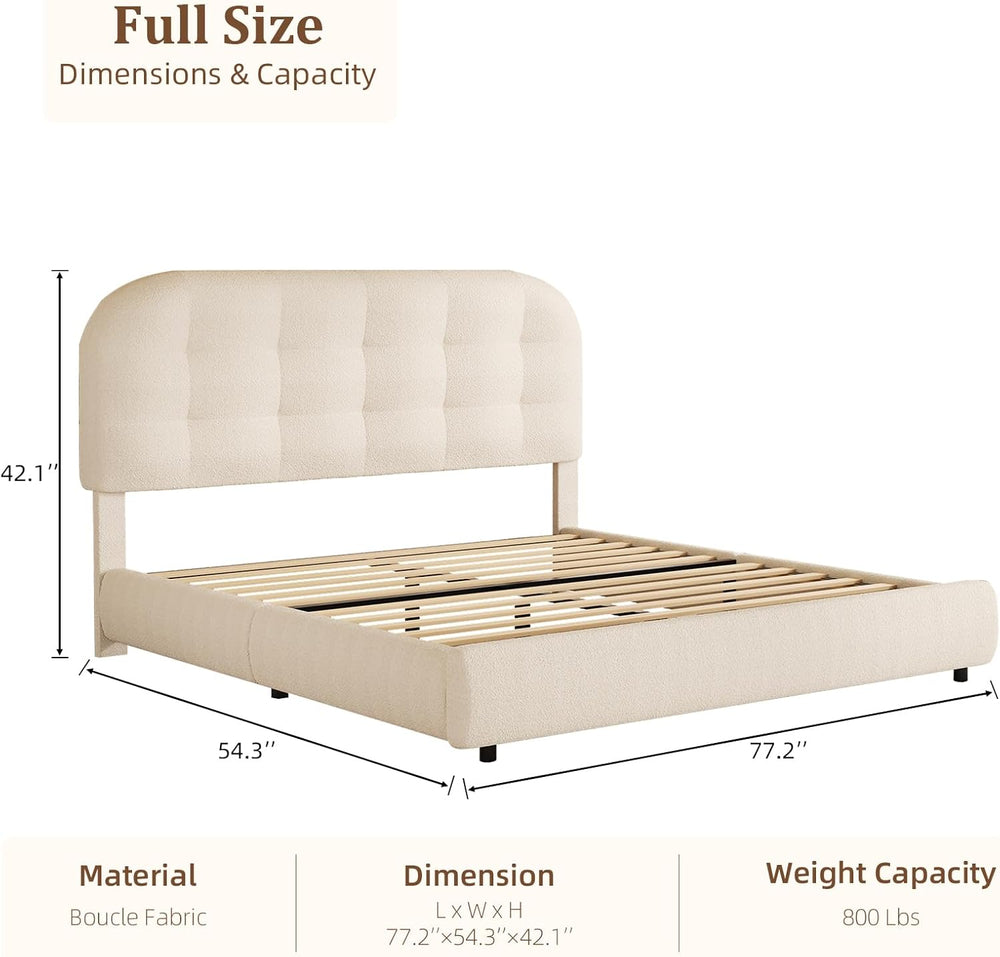 BarnFurin Full Bed Frame with Soft Curved Boucle Headboard, Cream
