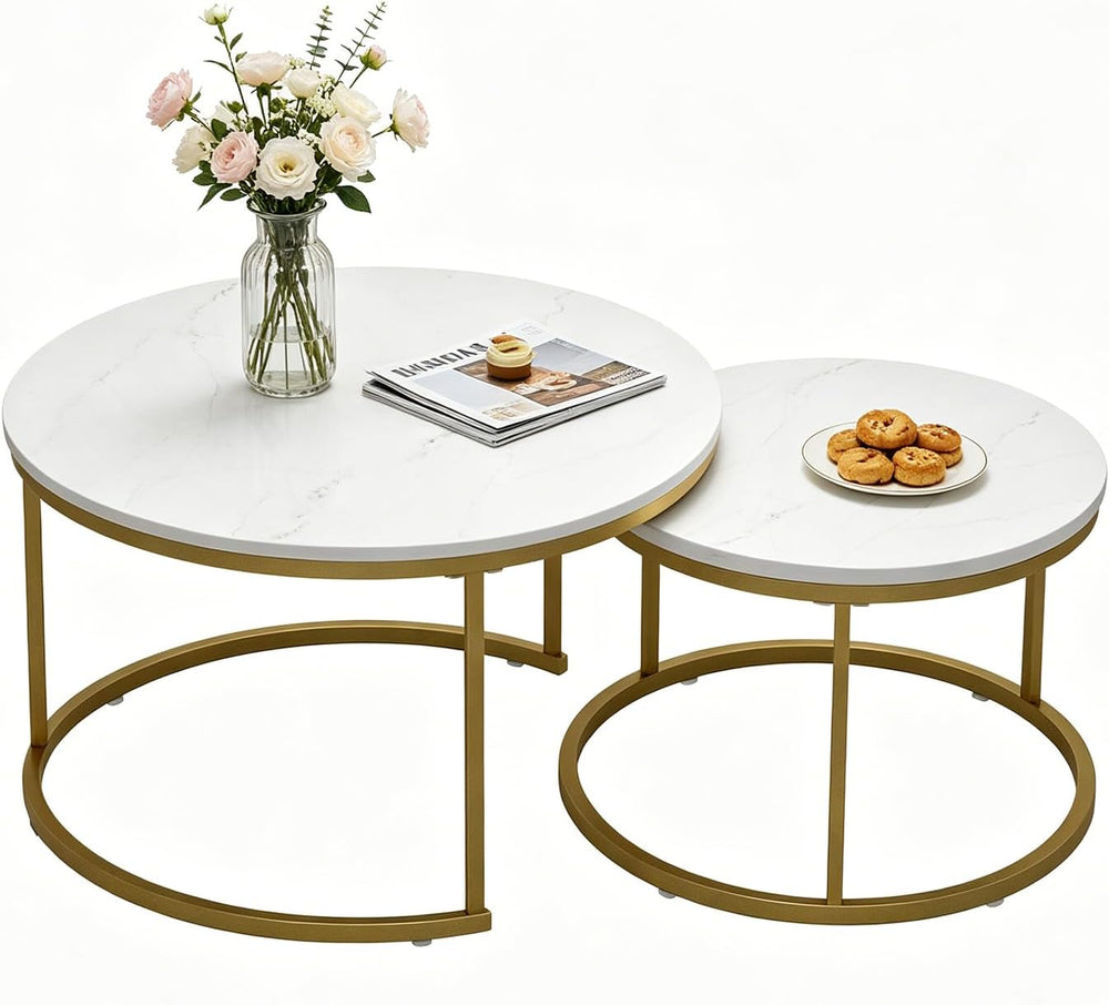 White Round Nesting Coffee Table Set of 2, Marble Pattern Top with Gold Metal...