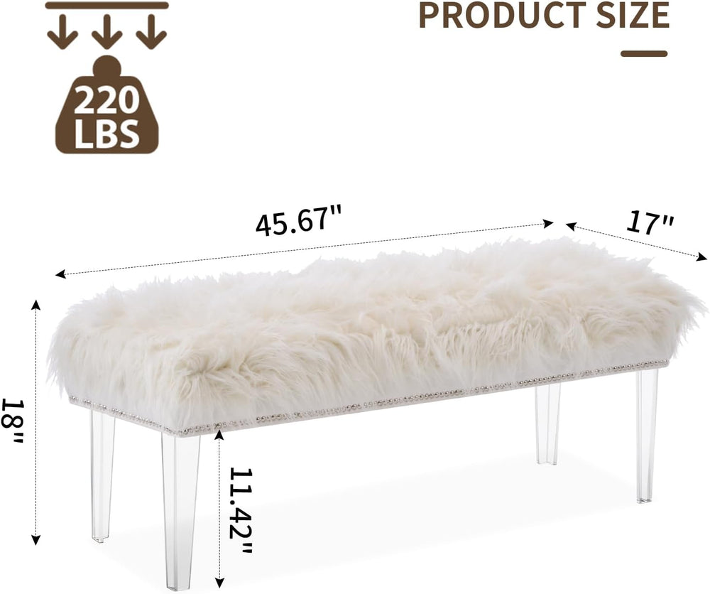 Modern White Faux Fur Ottoman Bench - Upholstered Furry Bench with Acrylic Le...