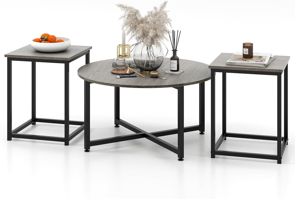 GIANTEX Round Nesting Table Set of 3, Farmhouse Living Room Table Set, Oak | ...