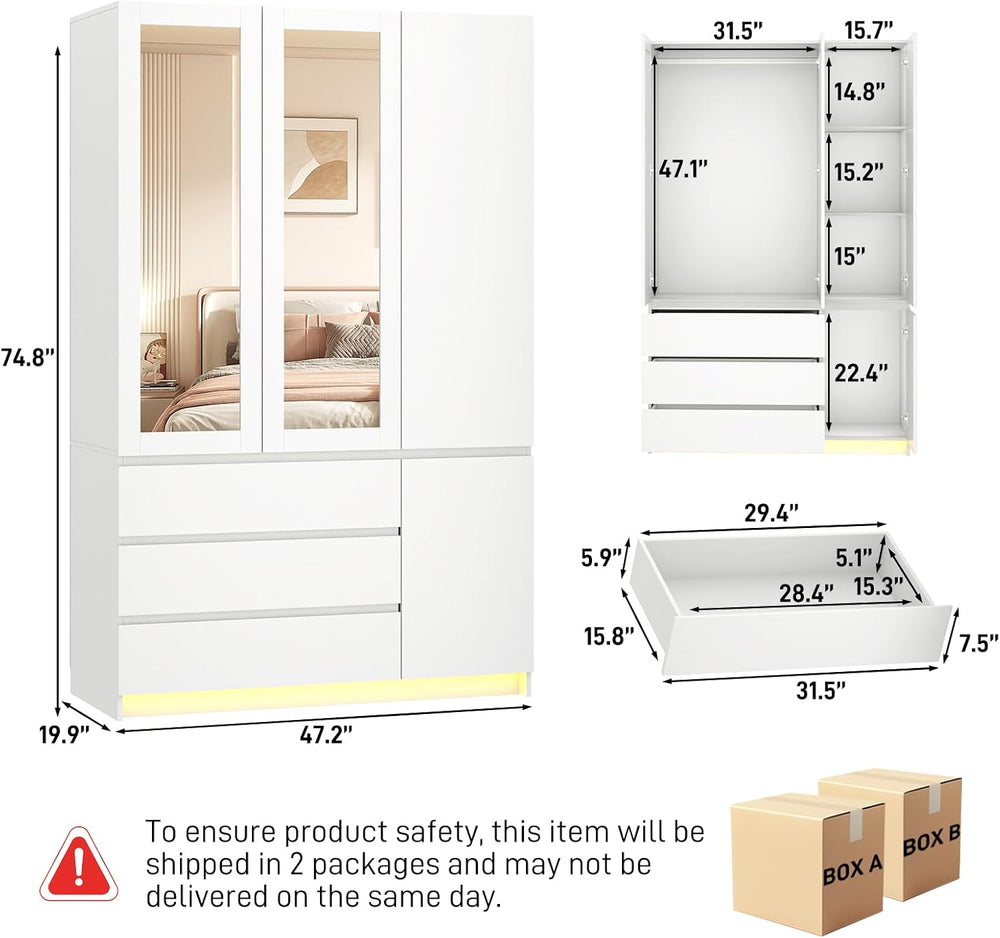 75"H Tall Modern 3 Doors Wooden Armoire Wardrobe Closet with 3 Drawers &...