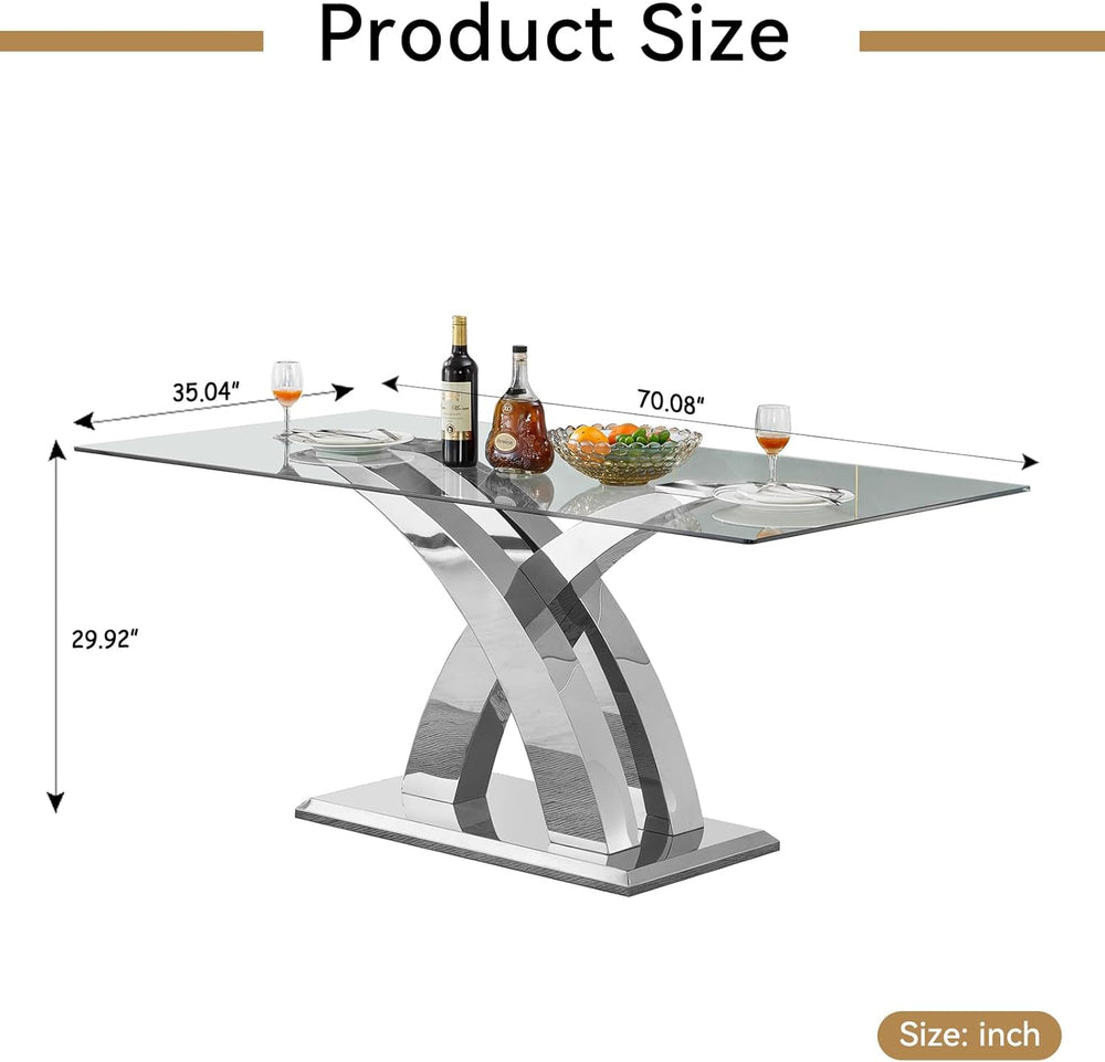 70'' Modern Glass Dining Table for 4-8 People, High Gloss Stainless S...