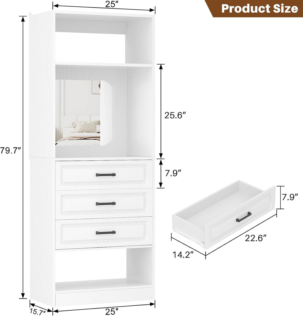 Unikito 25" Closet System with 3 Drawers and Mirror, Wardrobe, White | F...