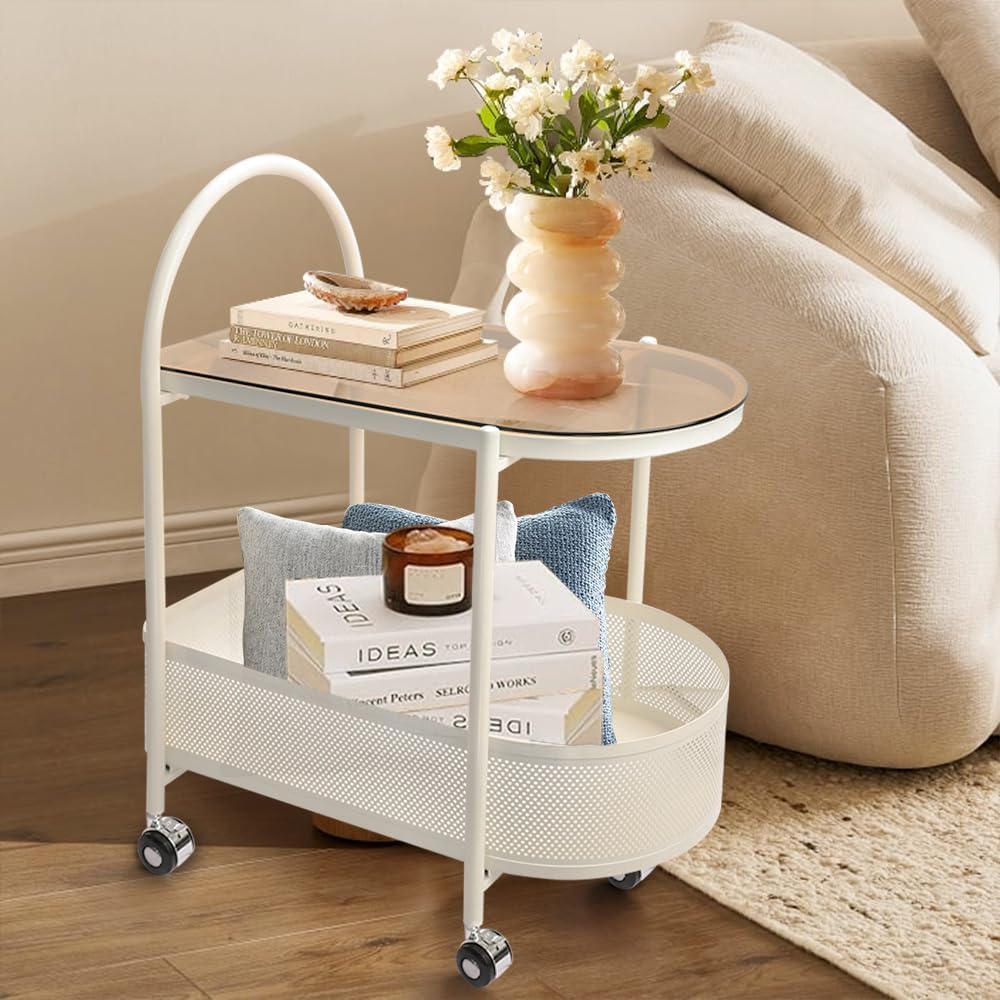 2 Tier Rolling Side Table, Metal Coffee Sofa Side End Table,Handle Utility Ca...