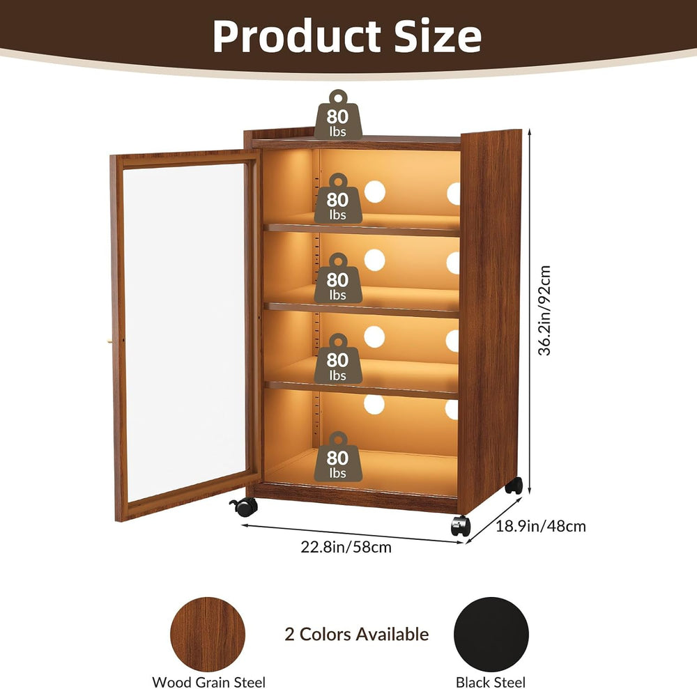 Media Cabinet with LED Lights and Glass Door, Metal Stereo Cabinet Brown