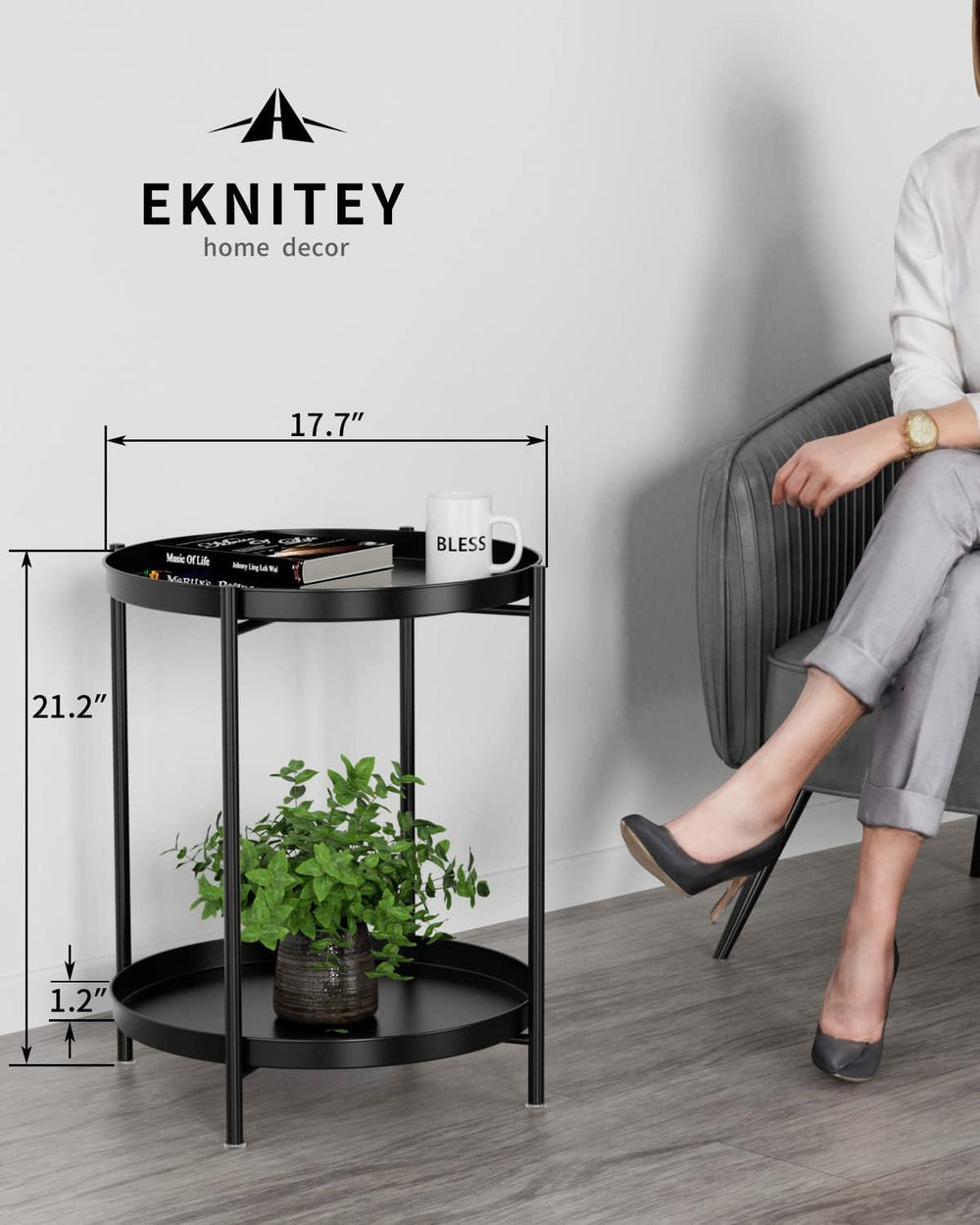 EKNITEY 2 Tier End Table - Metal Side Table Waterproof Small Sofa Coffee Side...