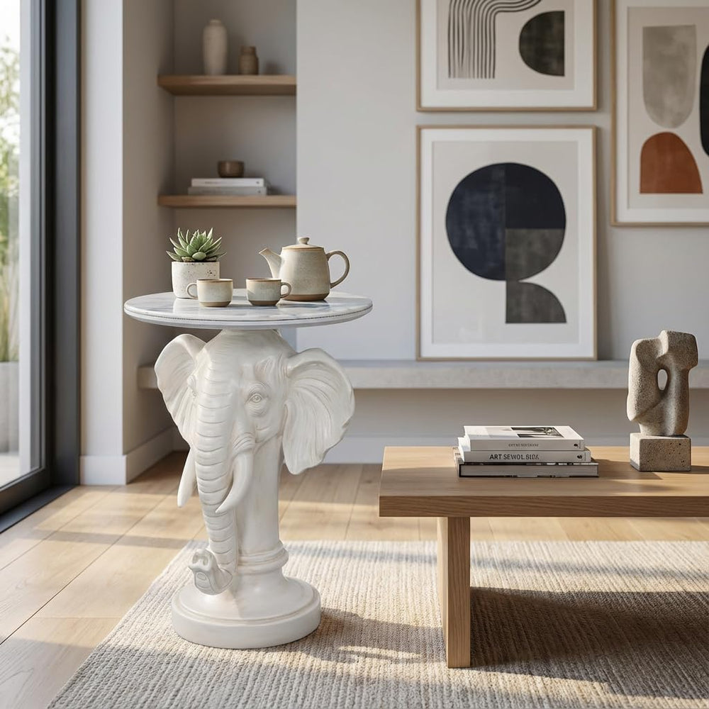 Elephant End Table – 25.98in Tall Artificial Marble Top Decorative Accent Tab...