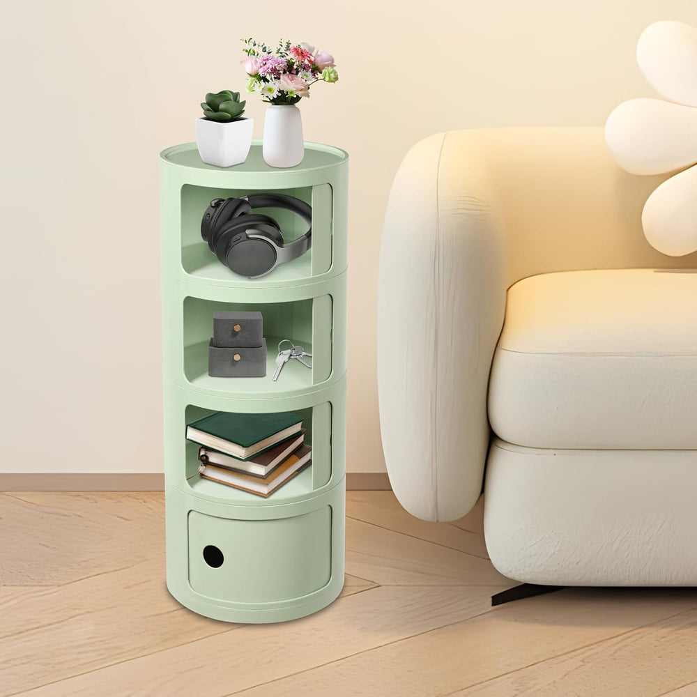 Round Nightstand, 4 Tier Circular Side Table with Sliding Doors, Modern Cylin...