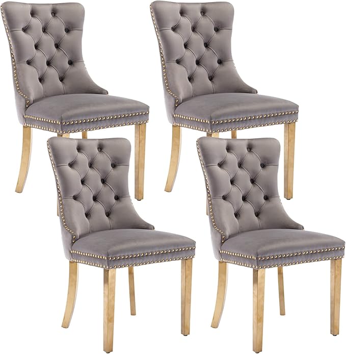 Gray Velvet Dining Chairs Set of 4, Upholstered Dining Room Chairs with Back ...