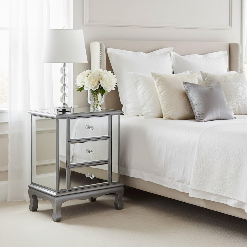 Furnifact Glam Mirrored End Table with 3 Drawers, Small Accent Nightstand for...