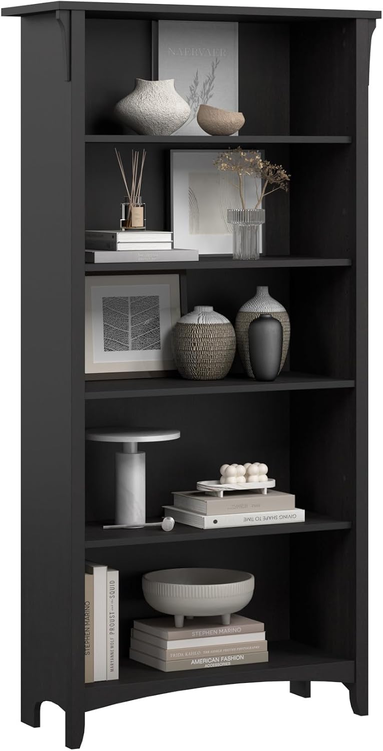 Bush Home Salinas 5 Shelf Bookcase in Vintage Black, Tall Bookshelf, Large Bo...