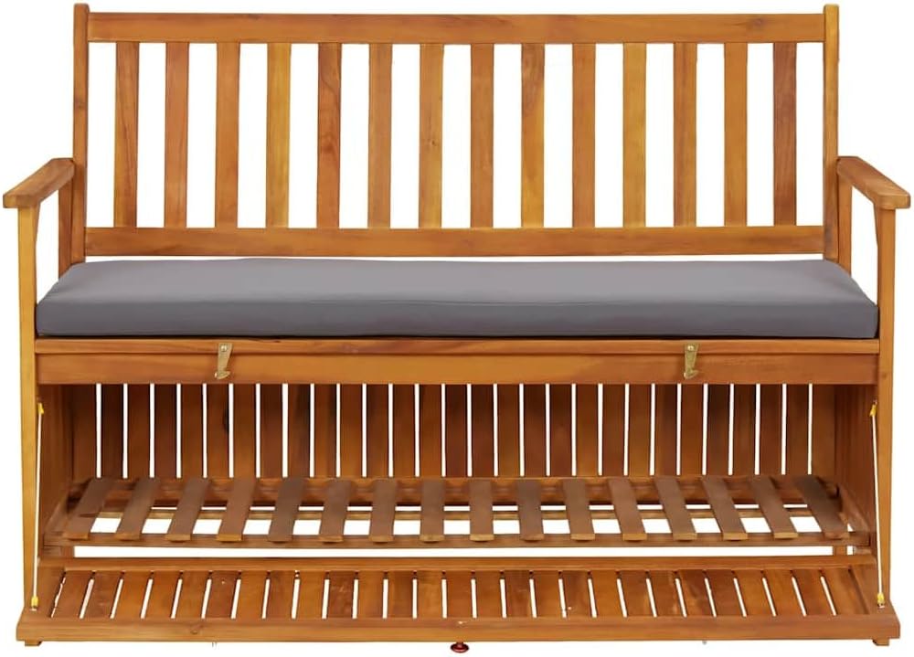 Solid Acacia Wood Patio Storage Bench 47.2 Inch with Cushion, Outdoor Garden ...