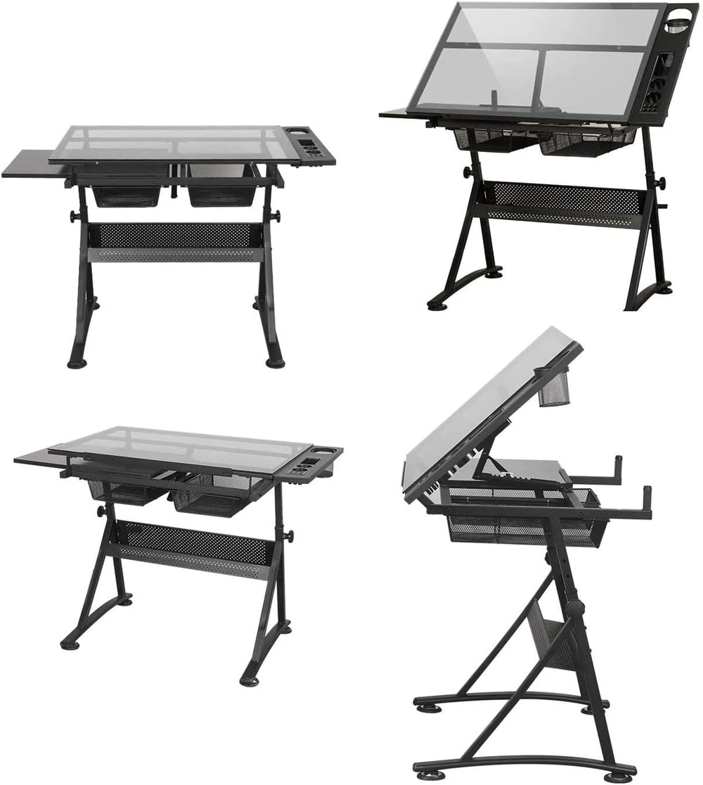 Height Adjustable Professional Drawing Desk, Glass Tabletop,Tiltable Craft Ta...