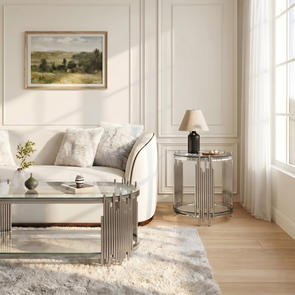 Oval Coffee Table and Round Side Table Set of 2, 2-Tier Clear Tempered Glass ...